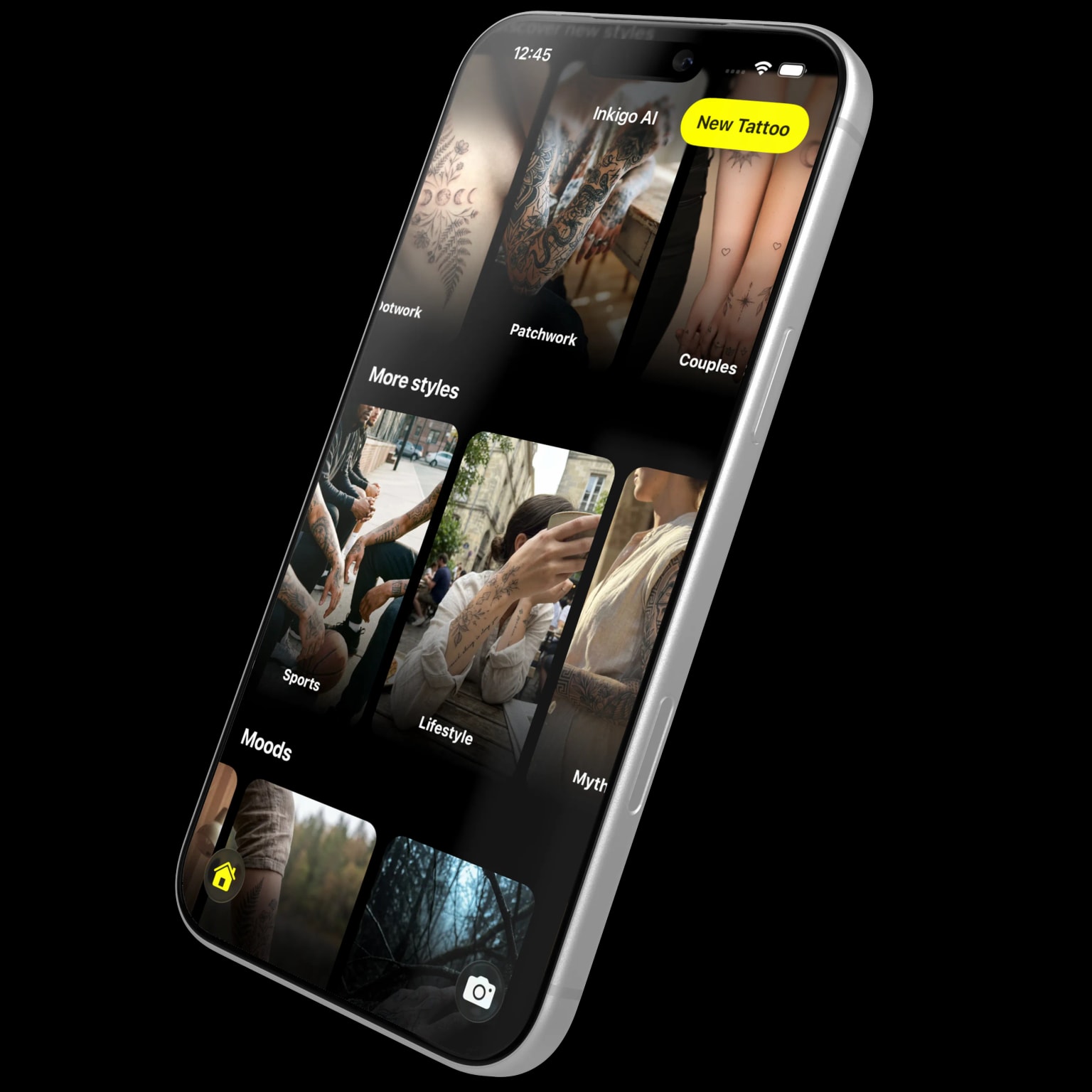 Inkigo app preview showing tattoo styles gallery